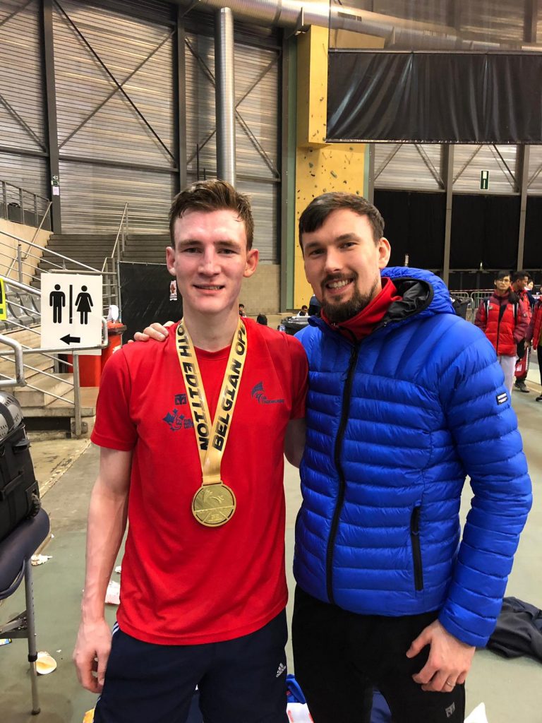 Bradly Sinden gold medal with coach Martin Stamper