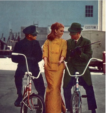 Bruce Lee & Van Williams with their transport choppers on set of Green Hornet